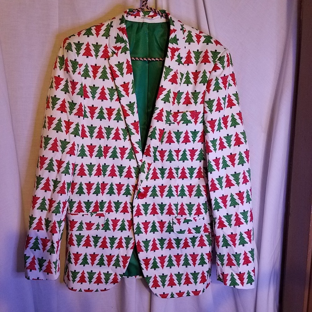 Suslo Couture Mens Blazer Size Medium 40 Slim Christmas‎ Trees Suit Coat
